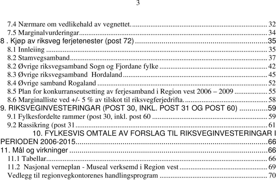 5 Plan for konkurranseutsetting av ferjesamband i Region vest 2006 2009... 55 8.6 Marginalliste ved +/- 5 % av tilskot til riksvegferjedrifta... 58 9. RIKSVEGINVESTERINGAR (POST 30, INKL.