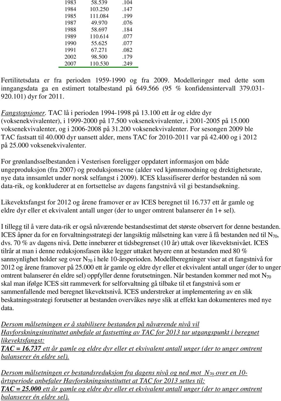 Fangstopsjoner. TAC lå i perioden 1994-1998 på 13.100 ett år og eldre dyr (voksenekvivalenter), i 1999-2000 på 17.500 voksenekvivalenter, i 2001-2005 på 15.