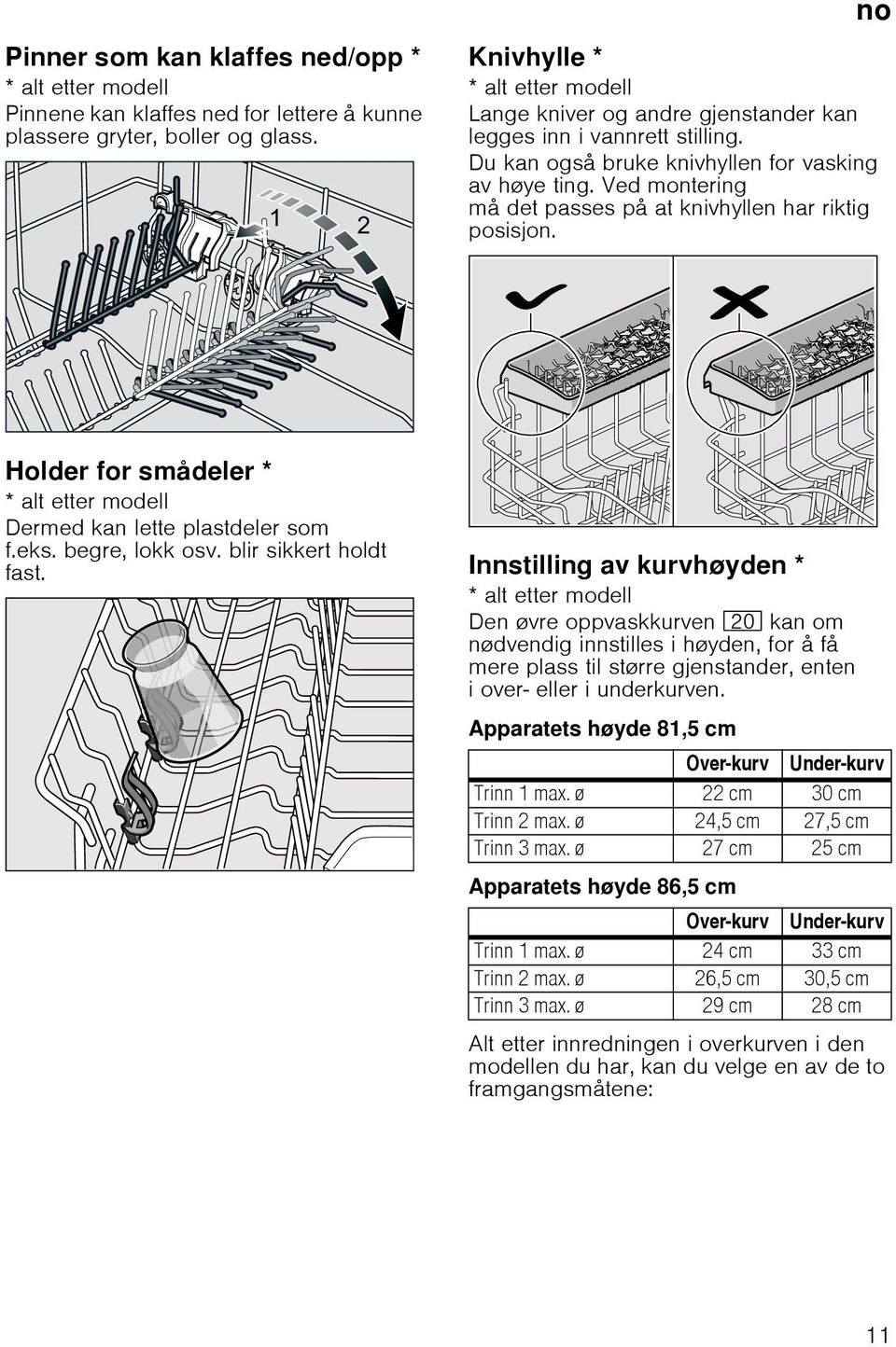 Ved montering må det passes på at knivhyllen har riktig posisjon. Holder for smådeler * * alt etter modell Dermed kan lette plastdeler som f.eks. begre, lokk osv. blir sikkert holdt fast.