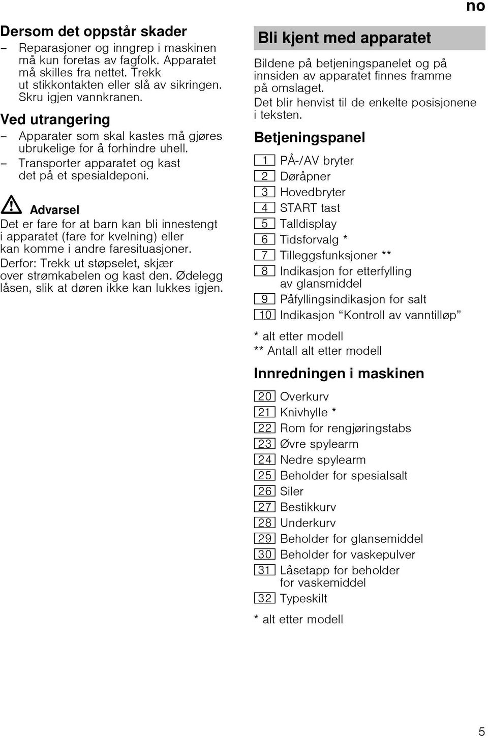 ã=advarsel Det er fare for at barn kan bli innestengt i apparatet (fare for kvelning) eller kan komme i andre faresituasjoner. Derfor: Trekk ut støpselet, skjær over strømkabelen og kast den.