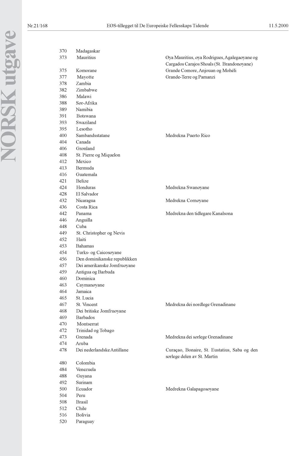 400 Sambandsstatane Medrekna Puerto Rico 404 Canada 406 Grønland 408 St.