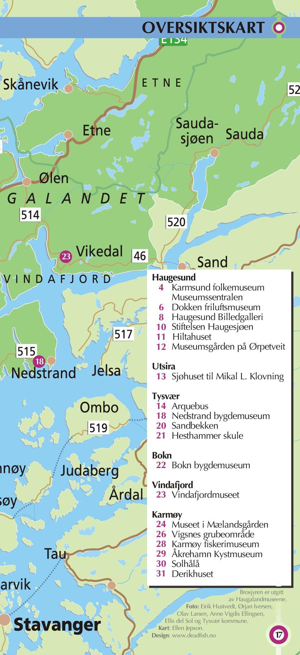 Klovning Tysvær 14 Arquebus 18 Nedstrand bygdemuseum 20 Sandbekken 21 Hesthammer skule Bokn 22 Bokn bygdemuseum Vindafjord 23 Vindafjordmuseet Karmøy 24 Museet i