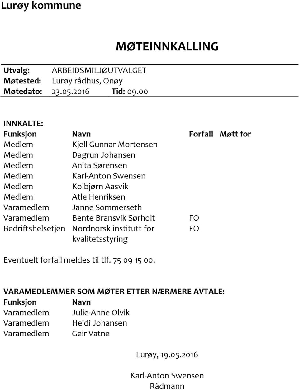 Medlem Kolbjørn Aasvik Medlem Atle Henriksen Varamedlem Janne Sommerseth Varamedlem Bente Bransvik Sørholt FO Bedriftshelsetjen Nordnorsk institutt for FO