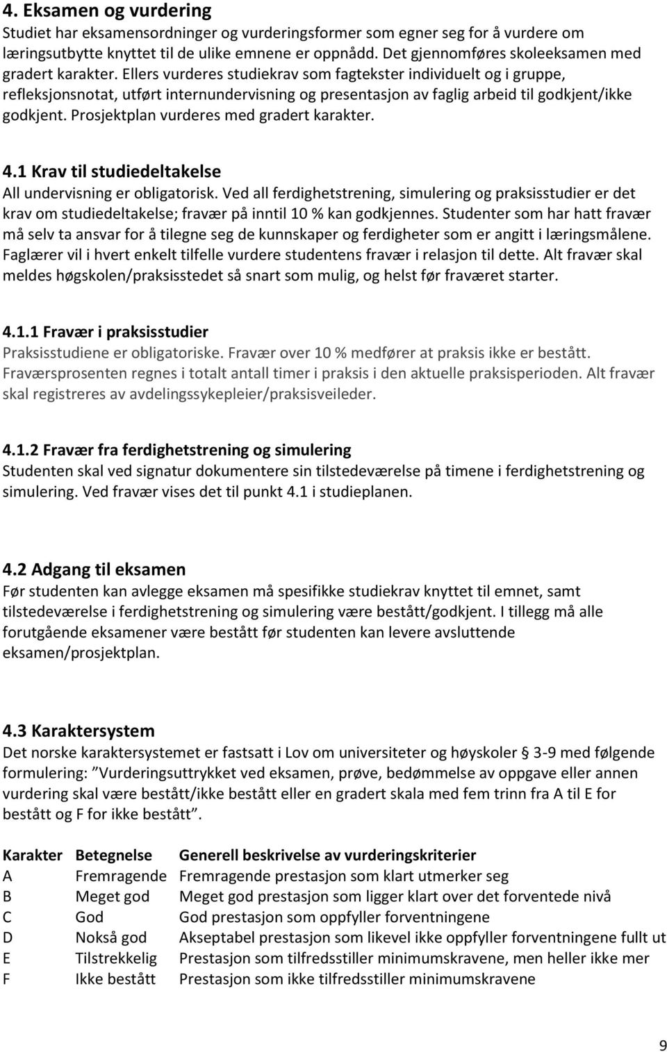 Ellers vurderes studiekrav som fagtekster individuelt og i gruppe, refleksjonsnotat, utført internundervisning og presentasjon av faglig arbeid til godkjent/ikke godkjent.