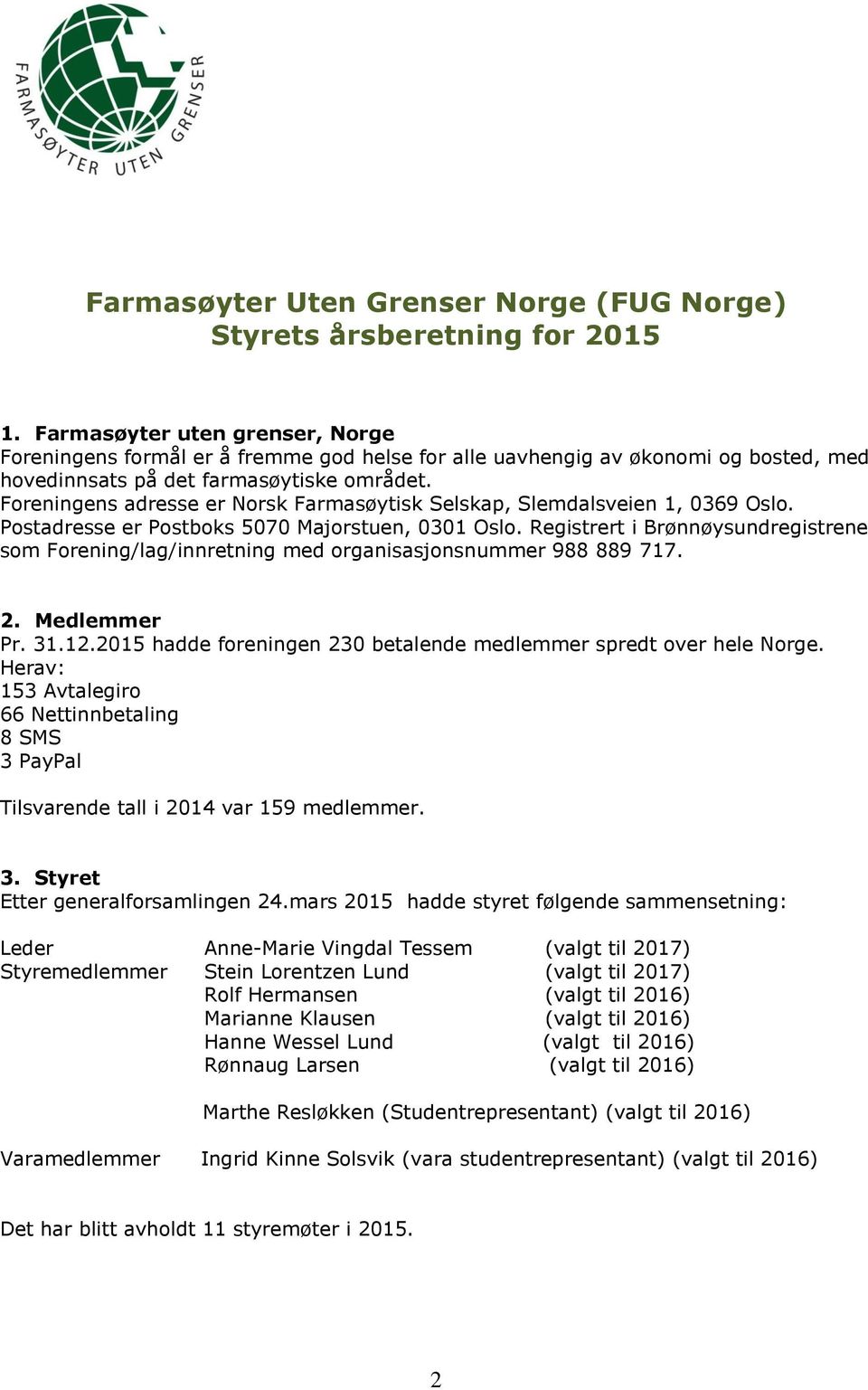 Foreningens adresse er Norsk Farmasøytisk Selskap, Slemdalsveien 1, 0369 Oslo. Postadresse er Postboks 5070 Majorstuen, 0301 Oslo.