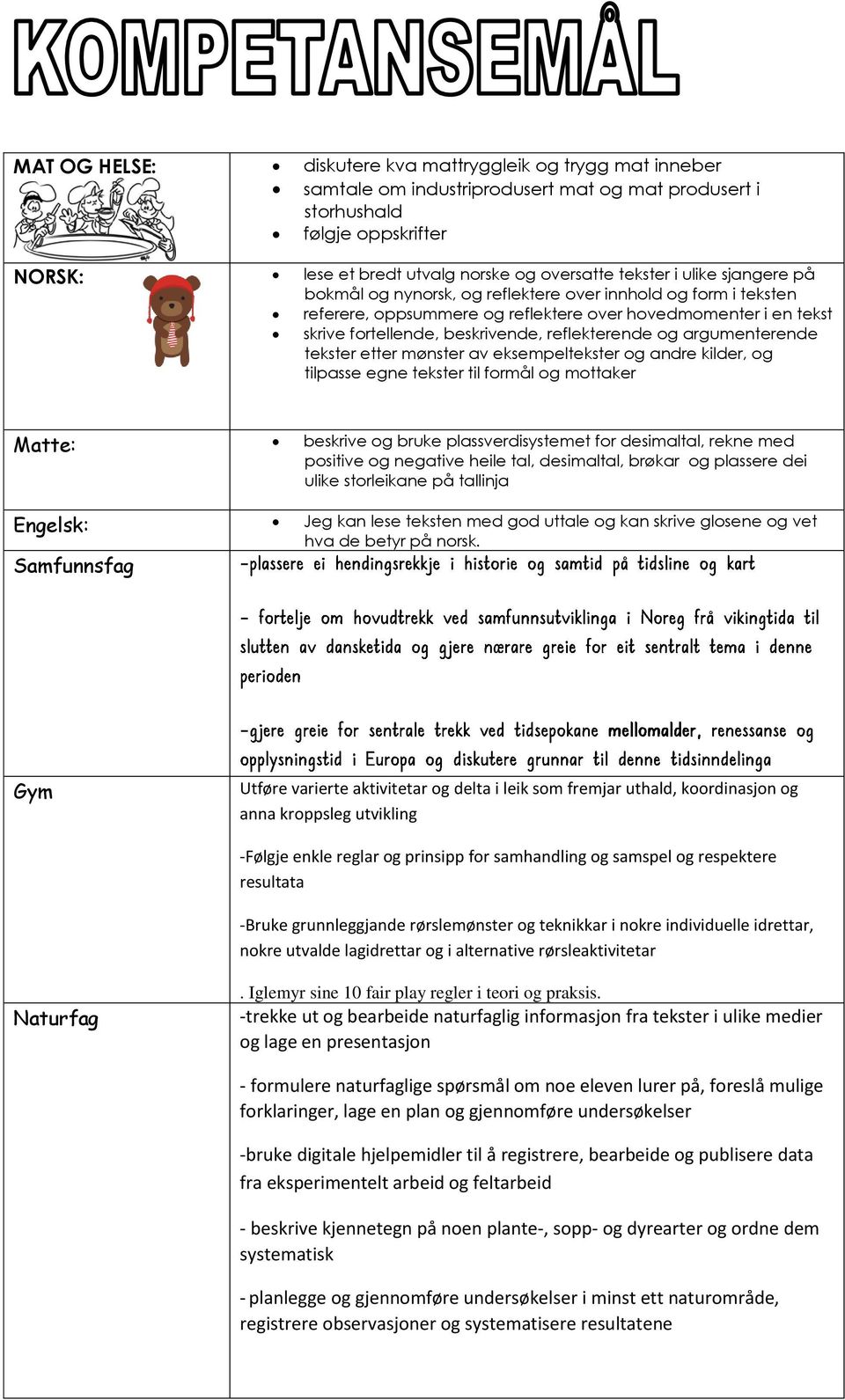 reflekterende og argumenterende tekster etter mønster av eksempeltekster og andre kilder, og tilpasse egne tekster til formål og mottaker Matte: beskrive og bruke plassverdisystemet for desimaltal,