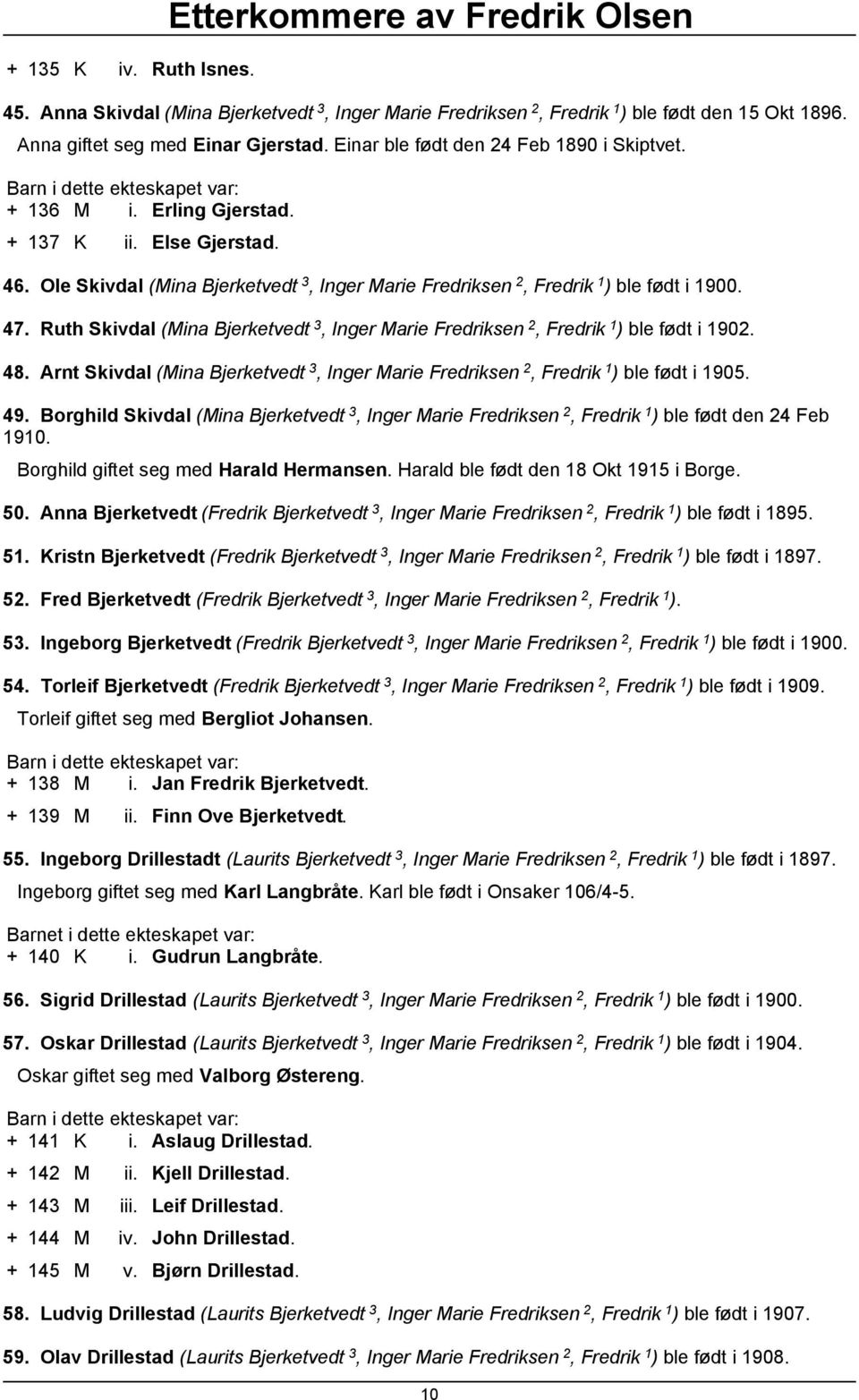 Ruth Skivdal (Mina Bjerketvedt 3, Inger Marie Fredriksen 2, Fredrik 1 ) ble født i 1902. 48. Arnt Skivdal (Mina Bjerketvedt 3, Inger Marie Fredriksen 2, Fredrik 1 ) ble født i 1905. 49.