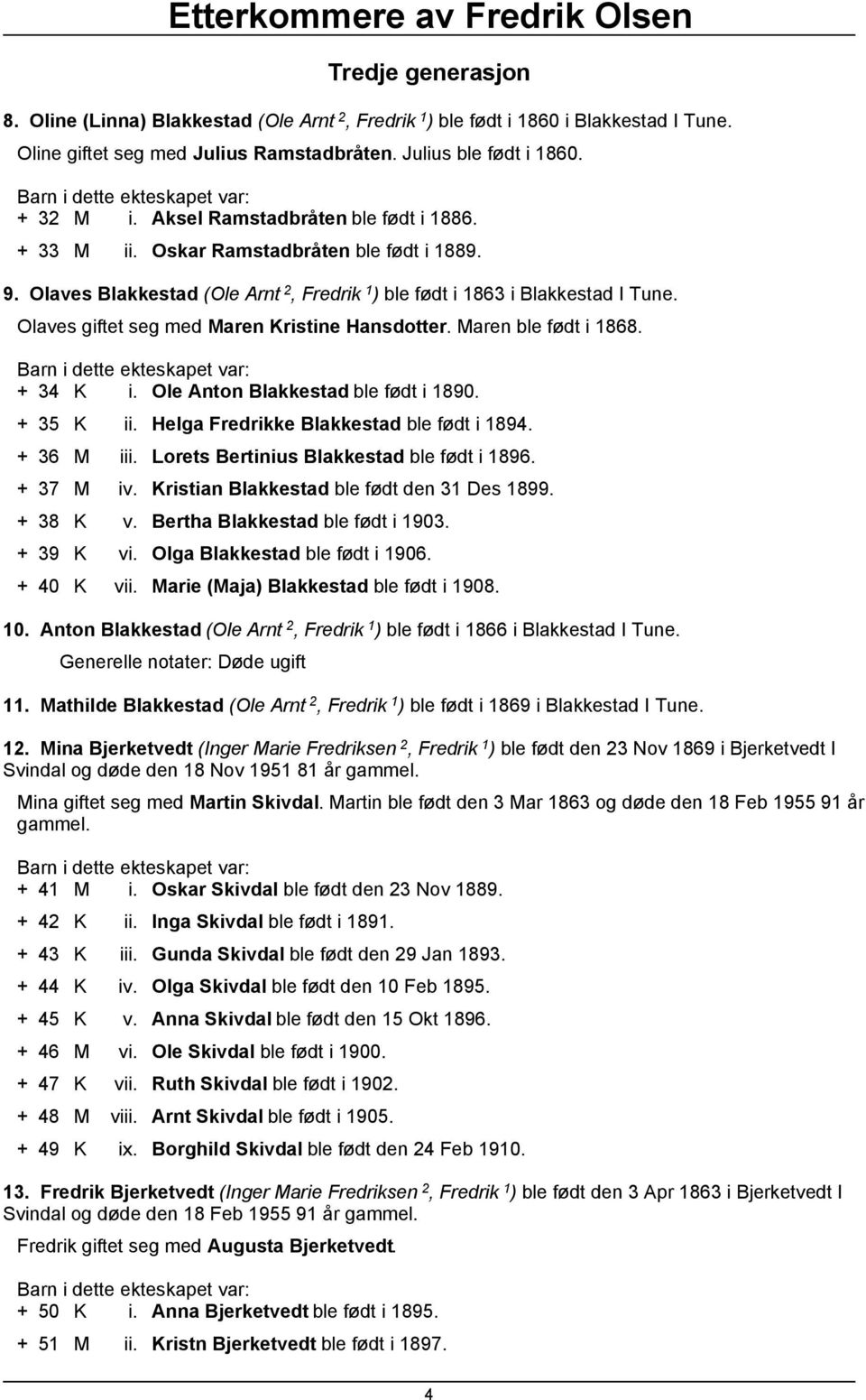 Olaves giftet seg med Maren Kristine Hansdotter. Maren ble født i 1868. + 34 K i. Ole Anton Blakkestad ble født i 1890. + 35 K ii. Helga Fredrikke Blakkestad ble født i 1894. + 36 M iii.