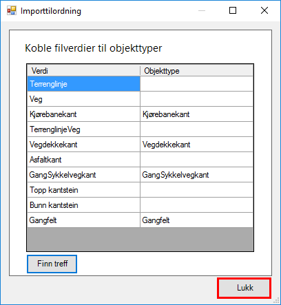 6. Denne dialogen kommer opp: Her vises alle lagene i AutoCAD tegningen i kolonnen for Verdi. Pek på Finn treff for å søke på gjennom listen og se om noen av verdiene matcher en objekttype. 7.