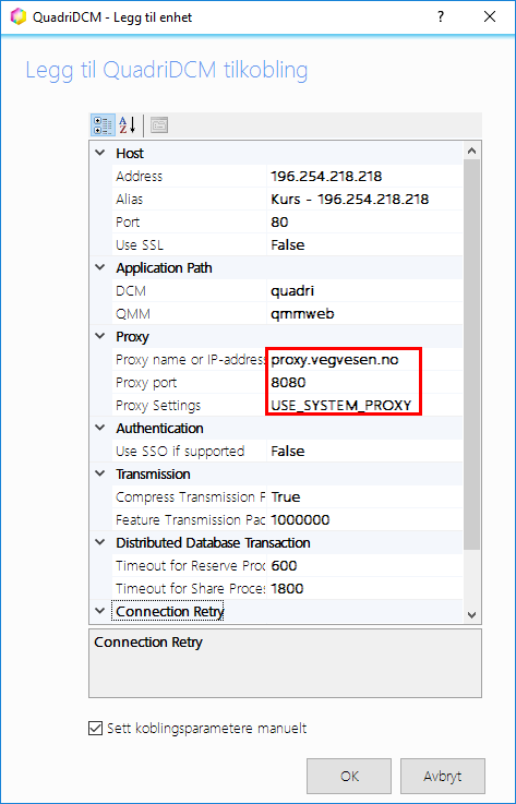 Fyll deretter inn som vist under og avslutt med OK: Proxy name or IP-address: proxy.vegvesen.no Proxy port: 8080 Proxy Settings: True 5.