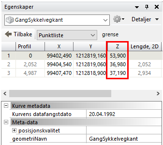 Pek på Detaljer slik at du får fram høydene for linjen slik som vist: Det første punktet er feil og