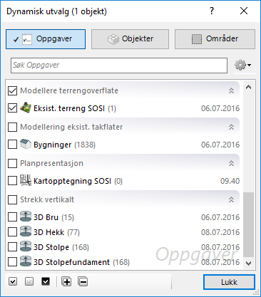 For å endre utseende på Dynamisk utvalg dialogen, kan du peke på tannhjulet i dialogen og velge f. eks. Grupper etter Type. Lukk Dynamisk utvalg dialogen 5.