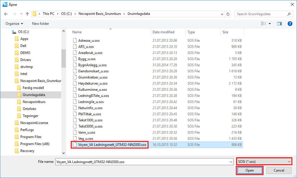 Velg SOSI format og filen Voyen_VA Ledningsnett_UTM32-NN2000.sos på katalogen C:\Novapoint_grunnkurs\Grunnlagsdata. Trykk på Open knappen.