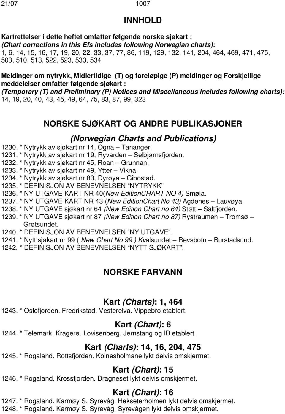 sjøkart : (Temporary (T) and Preliminary (P) Notices and Miscellaneous includes following charts): 14, 19, 20, 40, 43, 45, 49, 64, 75, 83, 87, 99, 323 NORSKE SJØKART OG ANDRE PUBLIKASJONER (Norwegian