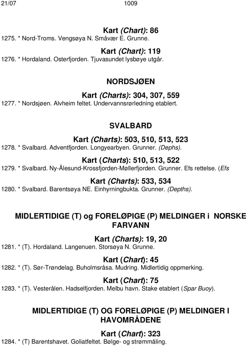 Kart (Charts): 510, 513, 522 1279. * Svalbard. Ny-Ålesund-Krossfjorden-Møllerfjorden. Grunner. Efs rettelse. (Efs Kart (Charts): 533, 534 1280. * Svalbard. Barentsøya NE. Einhyrningbukta. Grunner. (Depths).