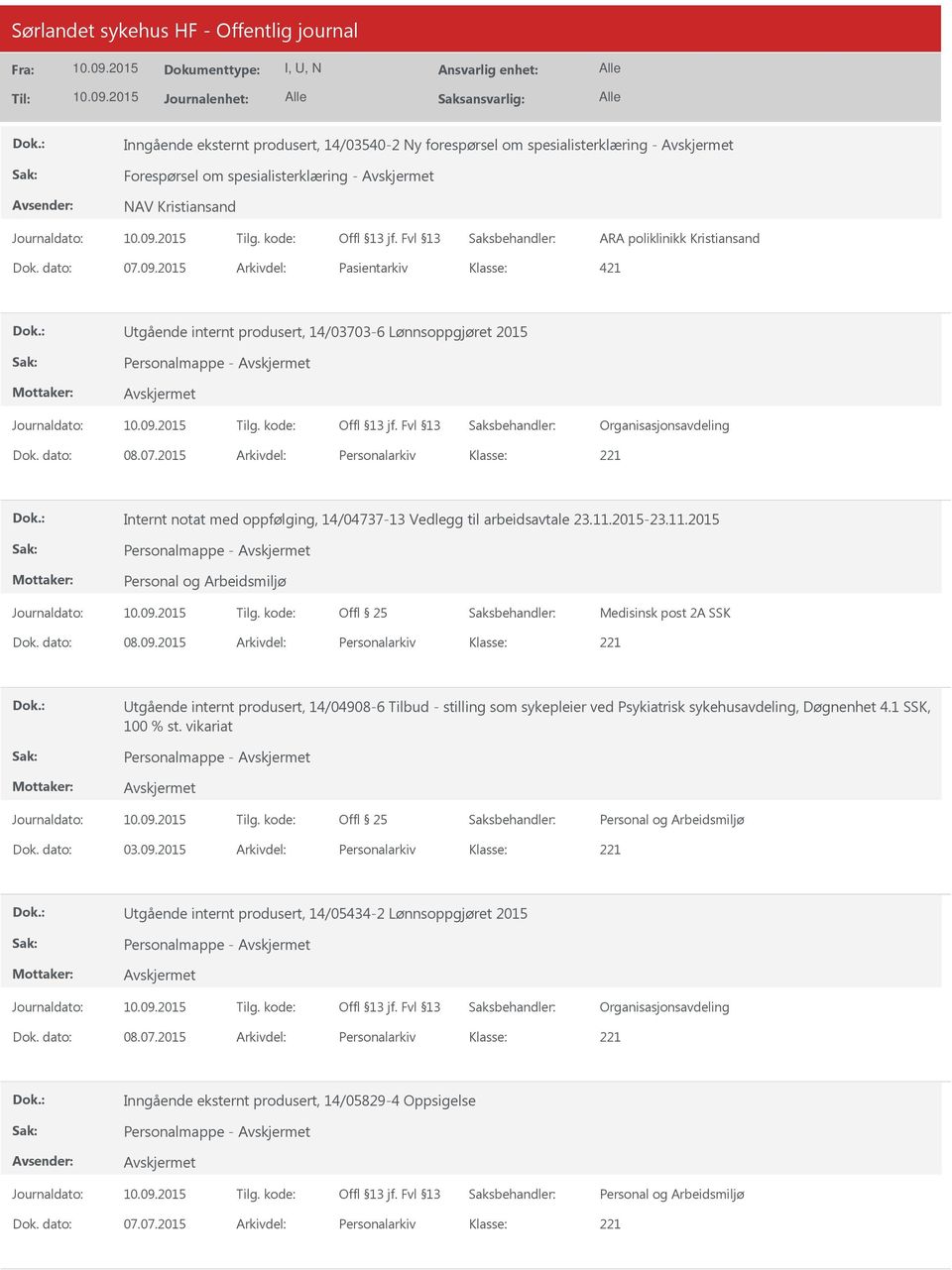 2015 Arkivdel: Personalarkiv Internt notat med oppfølging, 14/04737-13 Vedlegg til arbeidsavtale 23.11.2015-23.11.2015 Personalmappe - Medisinsk post 2A SSK Dok. dato: 08.09.