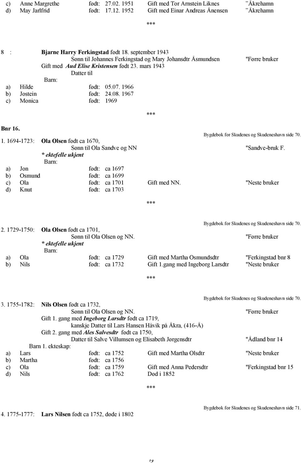 1967 c) Monica født: 1969 Bnr 16. Bygdebok for Skudenes og Skudeneshavn side 70. 1. 1694-1723: Ola Olsen født ca 1670, Sønn til Ola Sandve og NN "Sandve-bruk F.