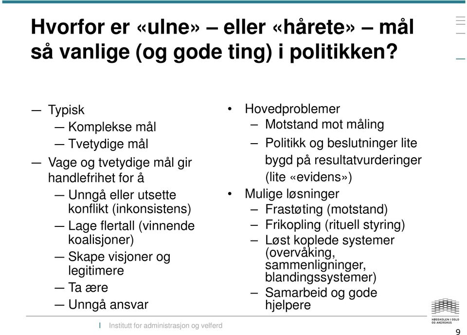 (vinnende koalisjoner) Skape visjoner og legitimere Ta ære Unngå ansvar Hovedproblemer Motstand mot måling Politikk og beslutninger lite