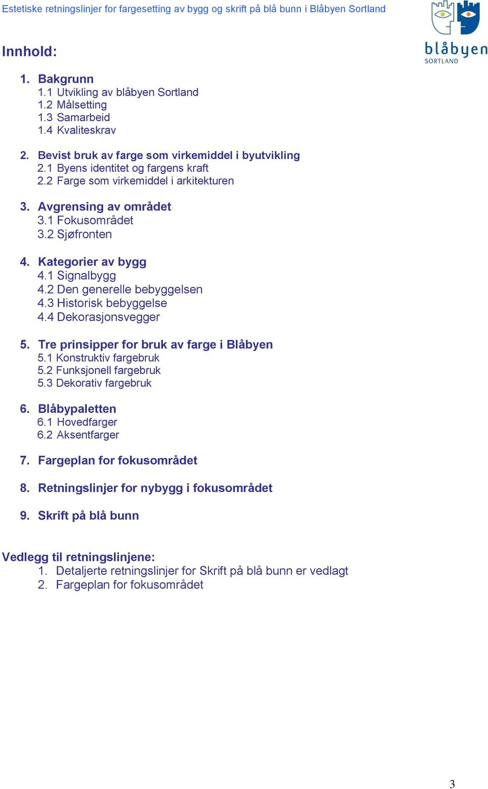 4 Dekorasjonsvegger 5. Tre prinsipper for bruk av farge i Blåbyen 5.1 Konstruktiv fargebruk 5.2 Funksjonell fargebruk 5.3 Dekorativ fargebruk 6. Blåbypaletten 6.1 Hovedfarger 6.2 Aksentfarger 7.