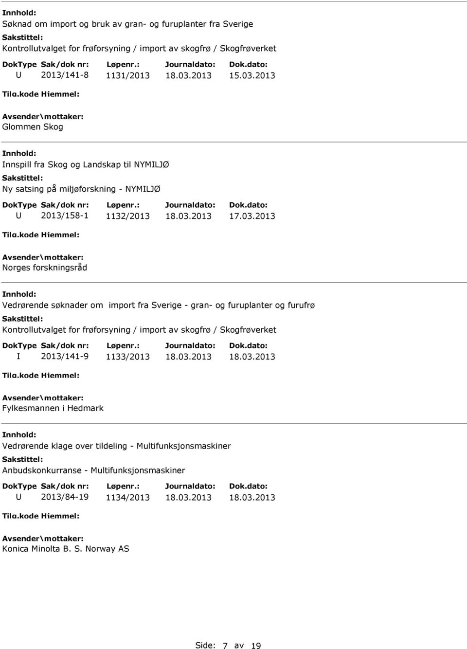 2013 Norges forskningsråd Vedrørende søknader om import fra Sverige - gran- og furuplanter og furufrø Kontrollutvalget for frøforsyning / import av skogfrø /