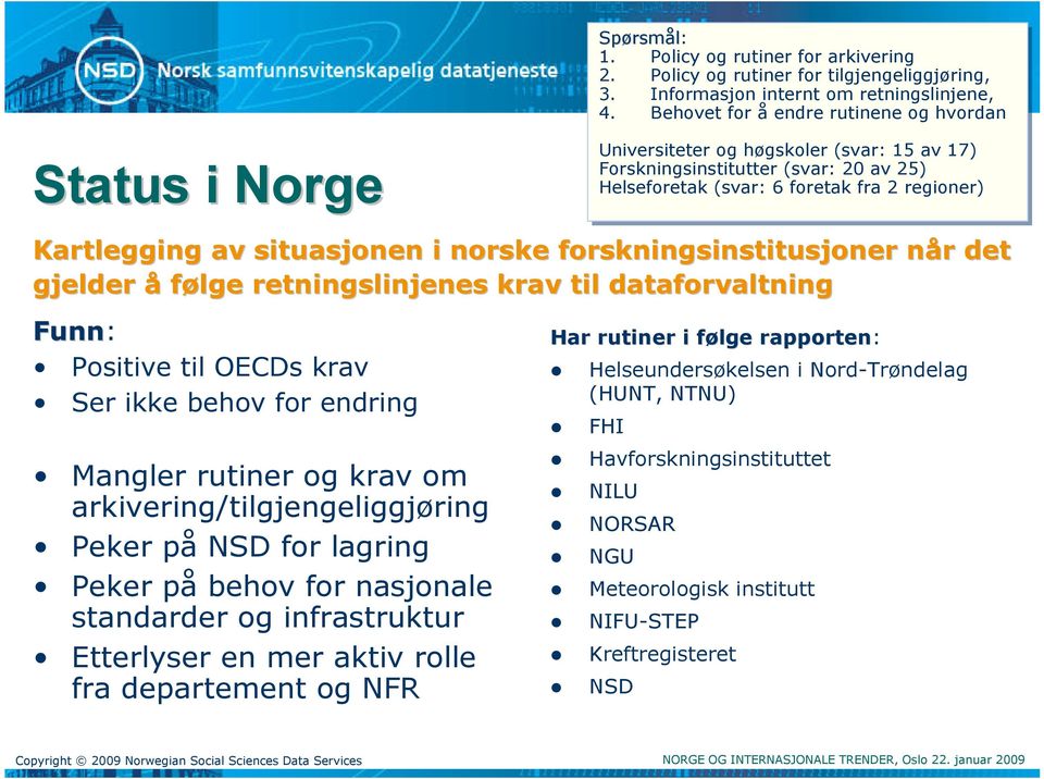 Kartlegging av situasjonen i norske forskningsinstitusjoner nårn r det gjelder å følge retningslinjenes krav til dataforvaltning Funn: Positive til OECDs krav Ser ikke behov for endring Mangler