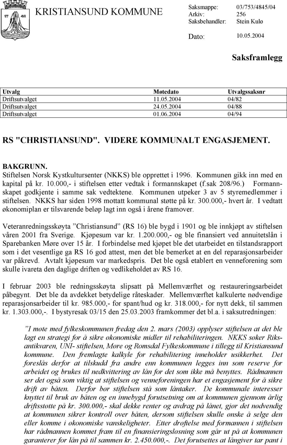 000,- i stiftelsen etter vedtak i formannskapet (f.sak 208/96.) Formannskapet godkjente i samme sak vedtektene. Kommunen utpeker 3 av 5 styremedlemmer i stiftelsen.