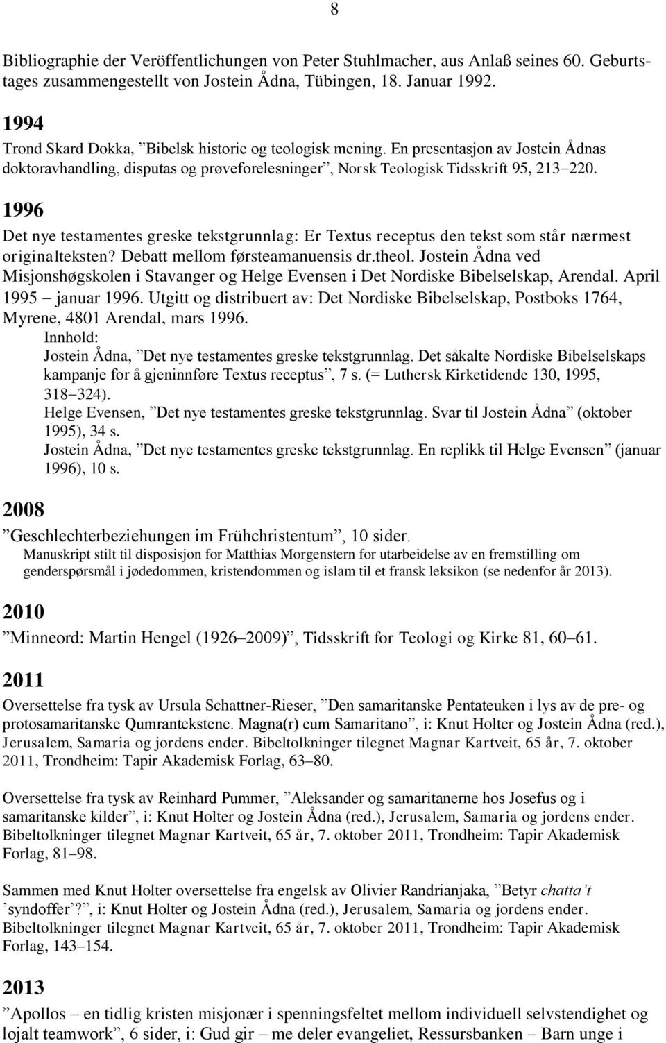 1996 Det nye testamentes greske tekstgrunnlag: Er Textus receptus den tekst som står nærmest originalteksten? Debatt mellom førsteamanuensis dr.theol.