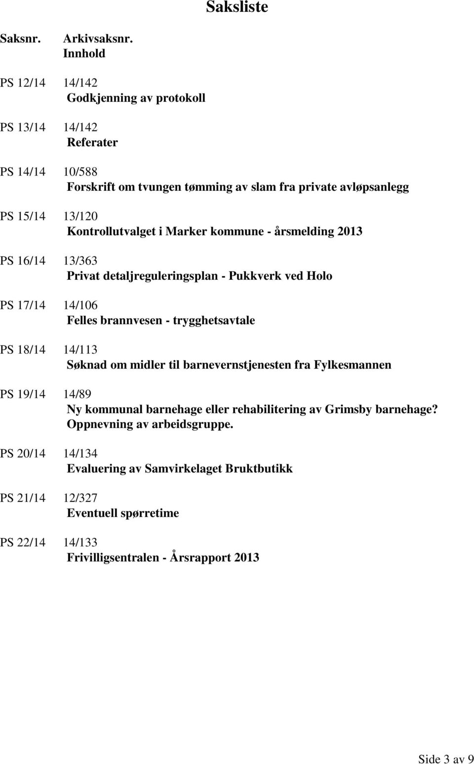 Kontrollutvalget i Marker kommune - årsmelding 2013 PS 16/14 13/363 Privat detaljreguleringsplan - Pukkverk ved Holo PS 17/14 14/106 Felles brannvesen - trygghetsavtale PS 18/14