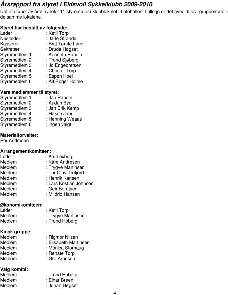 Styremedlem 3 : Jo Engebretsen Styremedlem 4 : Christer Torp Styremedlem 5 : Espen Hoel Styremedlem 6 : Alf Roger Holme Vara medlemmer til styret: Styremedlem 1 : Jan Randin Styremedlem 2 : Audun Bye