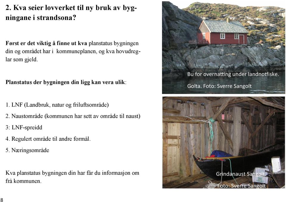 Planstatus der bygningen din ligg kan vera ulik: Bu for overnatting under landnotfiske. Golta. Foto: Sverre Sangolt 1.