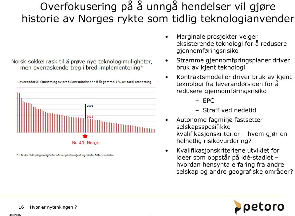 gjennomføringsrisiko EPC Straff ved nedetid Autonome fagmiljø fastsetter selskapsspesifikke kvalifikasjonskriterier hvem gjør en helhetlig risikovurdering?