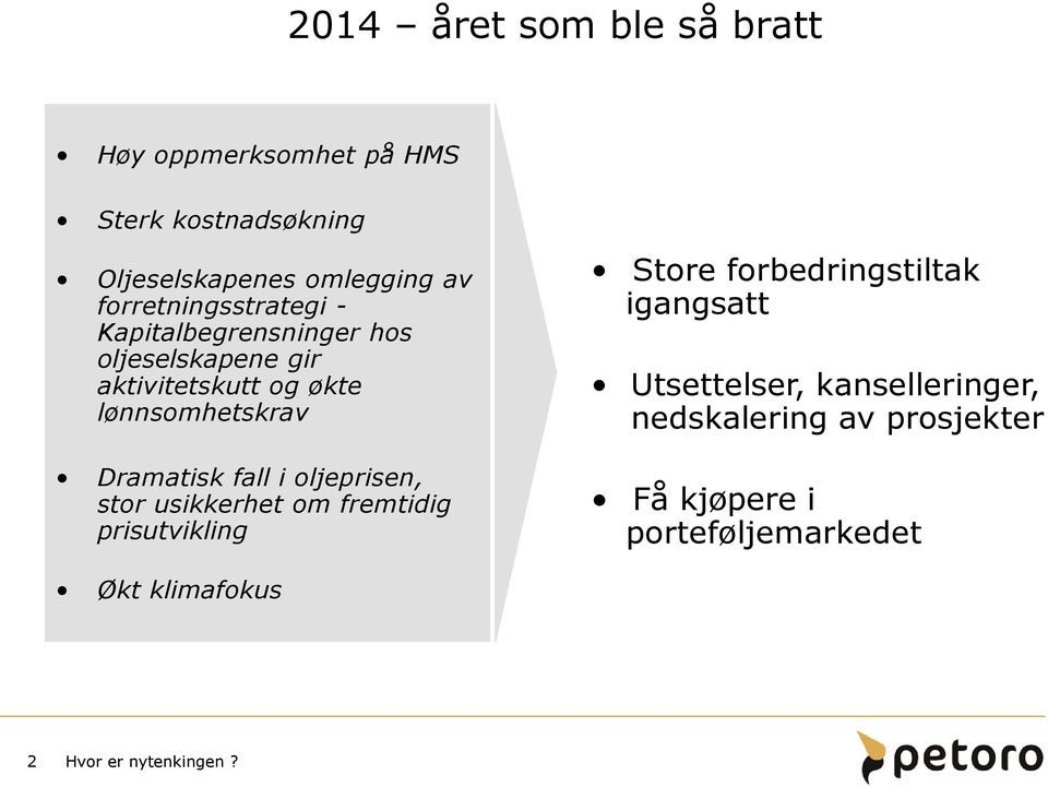 Dramatisk fall i oljeprisen, stor usikkerhet om fremtidig prisutvikling Store forbedringstiltak igangsatt