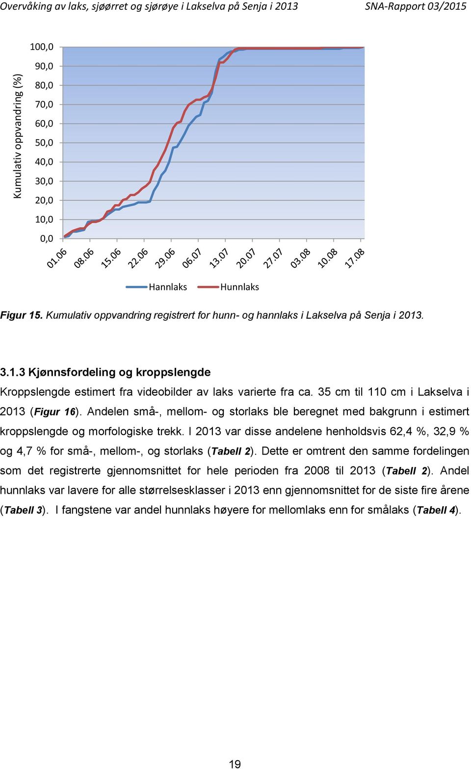 35 cm til 11 cm i Lakselva i 213 (Figur 16). Andelen små-, mellom- og storlaks ble beregnet med bakgrunn i estimert kroppslengde og morfologiske trekk.