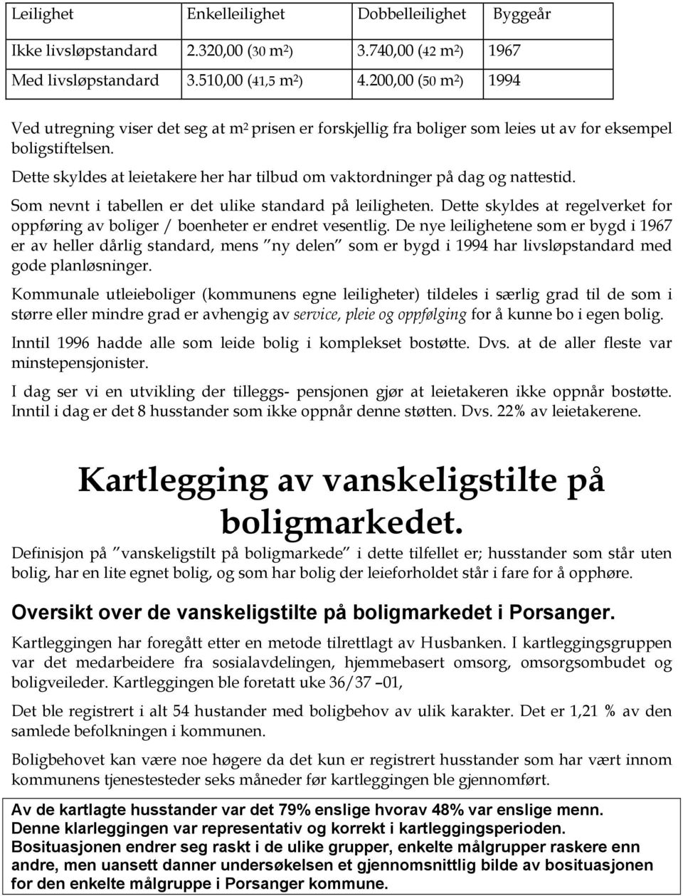 Dette skyldes at leietakere her har tilbud om vaktordninger på dag og nattestid. Som nevnt i tabellen er det ulike standard på leiligheten.