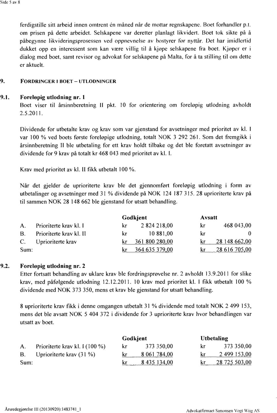 Kjøper er i dialog med boet, samt revisor og advokat for selskapene på Malta, for å ta stilling til om dette er aktuelt. 9. Fordringer i boet- utlodninger 9.1. Foreløpig utlodning nr.