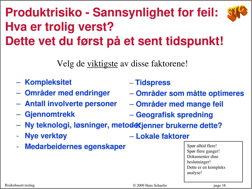 Kompleksitet Tidspress Områder med endringer Områder som måtte optimeres Antall involverte personer Områder med mange feil