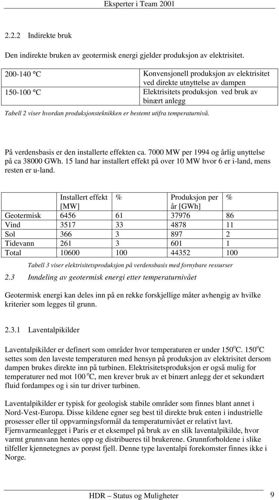 utifra temperaturnivå. På verdensbasis er den installerte effekten ca. 7000 MW per 1994 og årlig unyttelse på ca 38000 GWh.