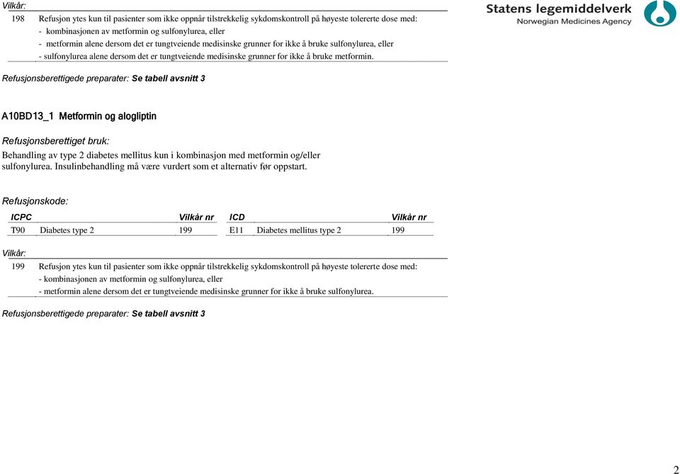 Refusjonsberettigede preparater: Se tabell avsnitt 3 A10BD13_1 Metformin og alogliptin Refusjonsberettiget bruk: Behandling av type 2 diabetes mellitus kun i kombinasjon med metformin og/eller