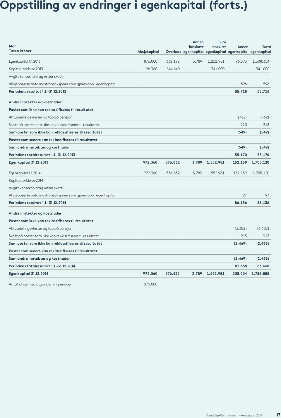 000 Avgitt konsernbidrag (etter skatt) Aksjebaserte betalingstransaksjoner som gjøres opp i egenkapital 596 596 Periodens resultat 1.1.-31.12.2013 55.718 55.