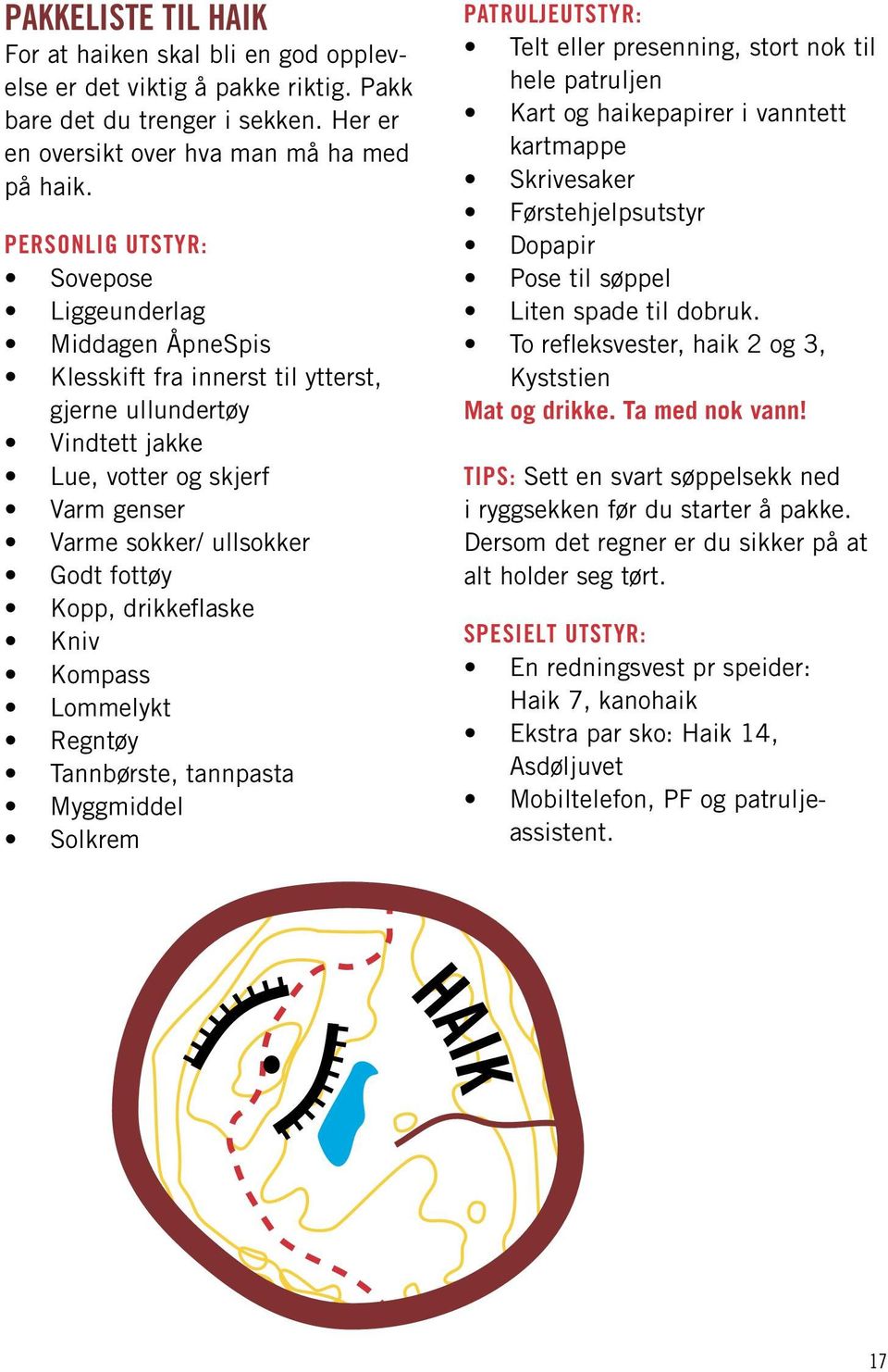 Kopp, drikkeflaske Kniv Kompass Lommelykt Regntøy Tannbørste, tannpasta Myggmiddel Solkrem Patruljeutstyr: Telt eller presenning, stort nok til hele patruljen Kart og haikepapirer i vanntett