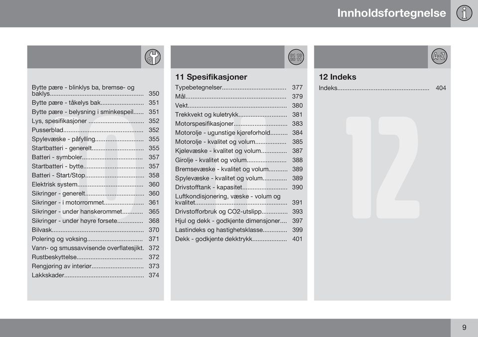 .. 384 Spylevæske - påfylling... 355 Motorolje - kvalitet og volum... 385 Startbatteri - generelt... 355 Kjølevæske - kvalitet og volum... 387 Batteri - symboler... 357 Girolje - kvalitet og volum.