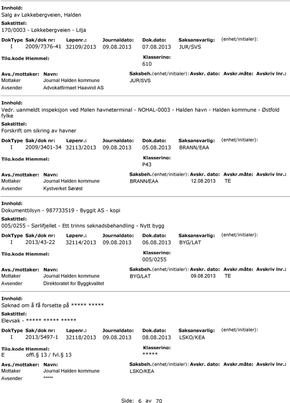 uanmeldt inspeksjon ved Mølen havneterminal - NOHAL-0003 - Halden havn - Halden kommune - Østfold fylke Forskrift om sikring av havner 2009/3401-34 32113/2013 05.08.2013 BRANN/AA P43 Avs.