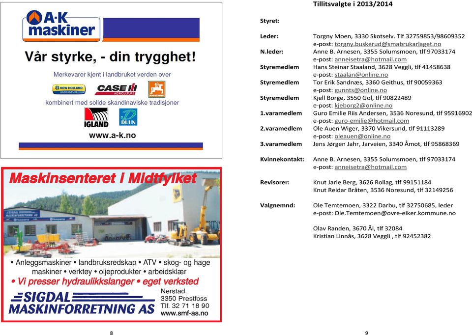 no Styremedlem Tor Erik Sandnæs, 3360 Geithus, tlf 90059363 e-post: gunnts@online.no Styremedlem Kjell Borge, 3550 Gol, tlf 90822489 e-post: kjeborg2@online.no 1.