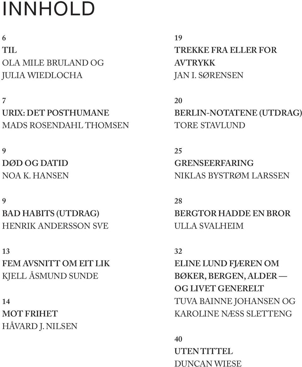 HANSEN 25 GRENSEERFARING NIKLAS BYSTRØM LARSSEN 9 BAD HABITS (UTDRAG) HENRIK ANDERSSON SVE 28 BERGTOR HADDE EN BROR ULLA SVALHEIM 13 FEM