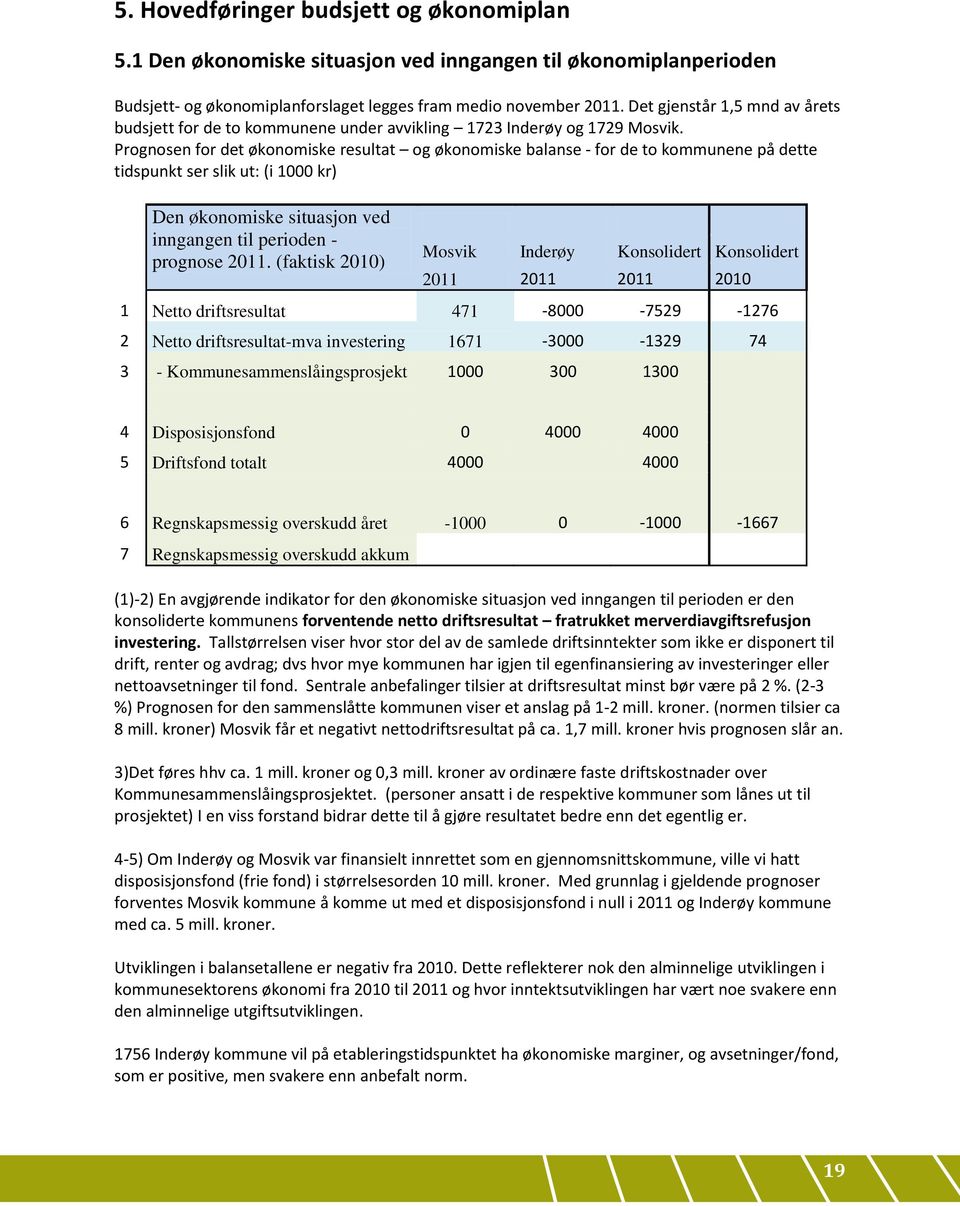 Prognosen for det økonomiske resultat og økonomiske balanse - for de to kommunene på dette tidspunkt ser slik ut: (i 1000 kr) Den økonomiske situasjon ved inngangen til perioden - prognose 2011.