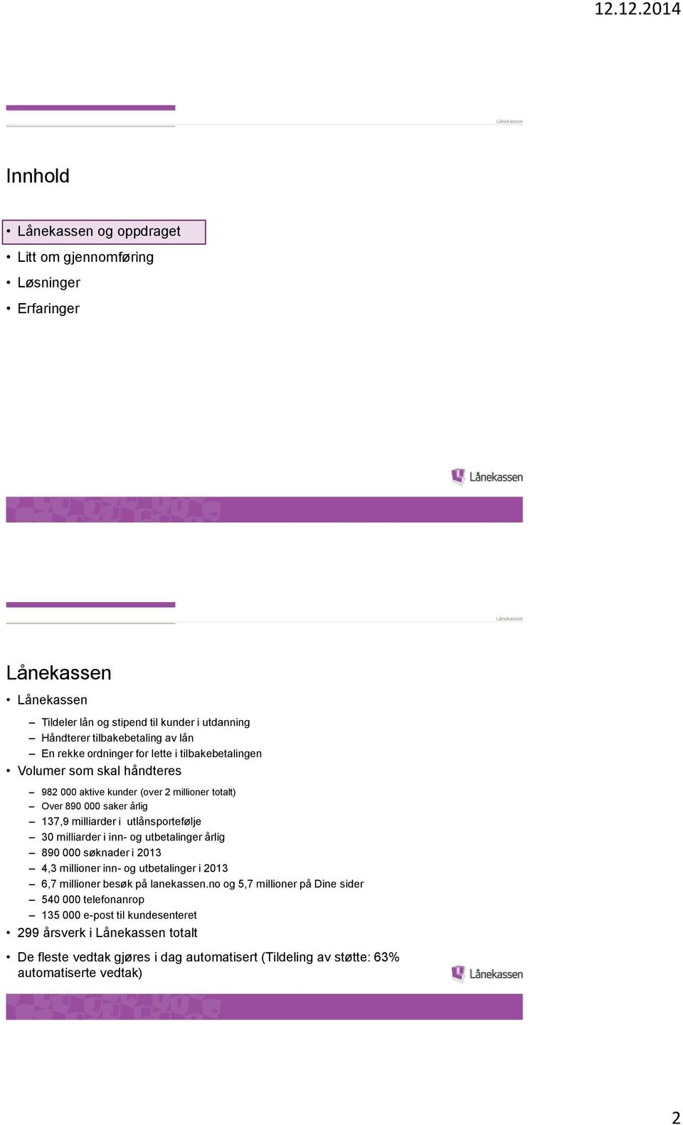 milliarder i inn- og utbetalinger årlig 890 000 søknader i 2013 4,3 millioner inn- og utbetalinger i 2013 6,7 millioner besøk på lanekassen.