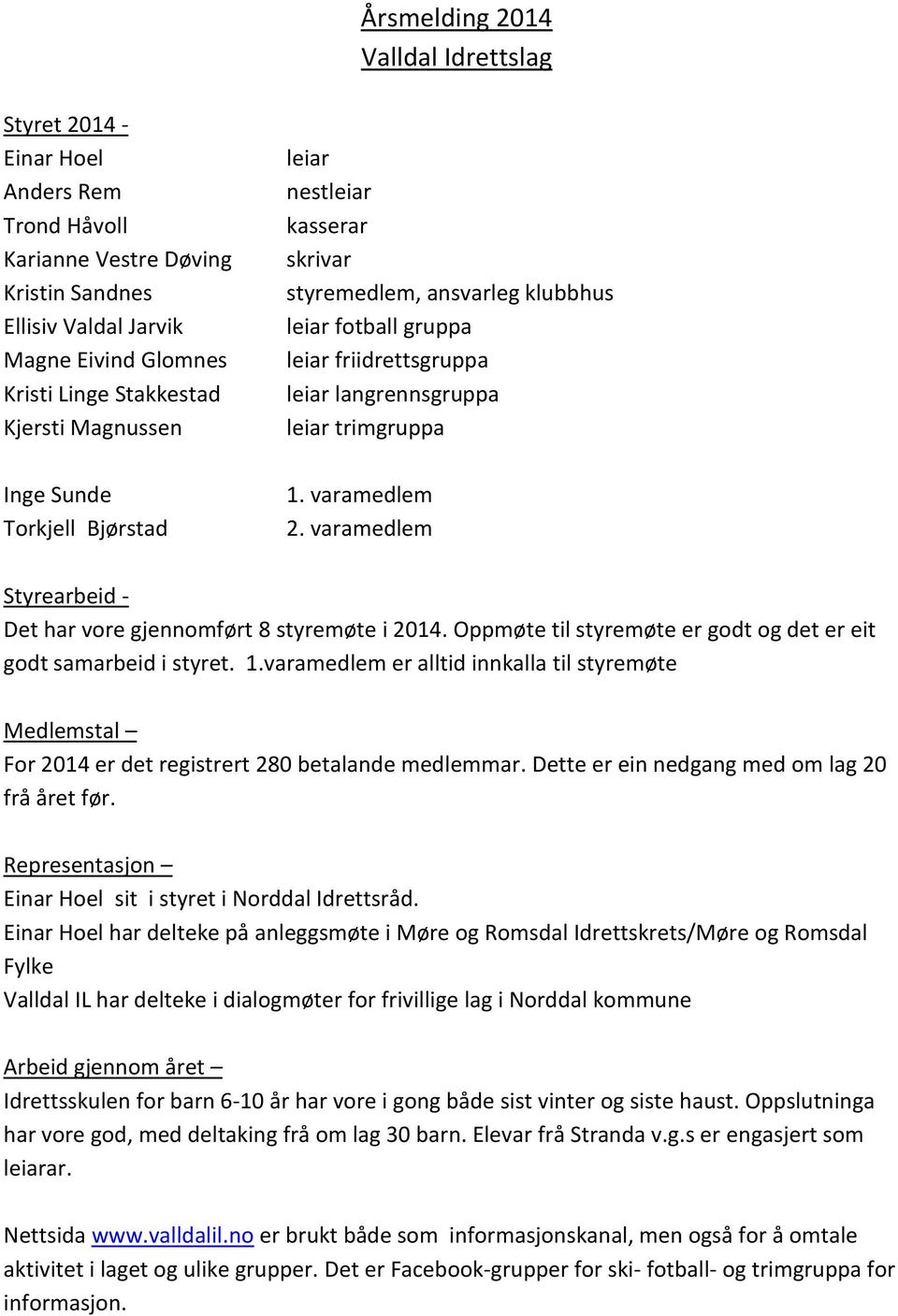 varamedlem 2. varamedlem Styrearbeid - Det har vore gjennomført 8 styremøte i 2014. Oppmøte til styremøte er godt og det er eit godt samarbeid i styret. 1.