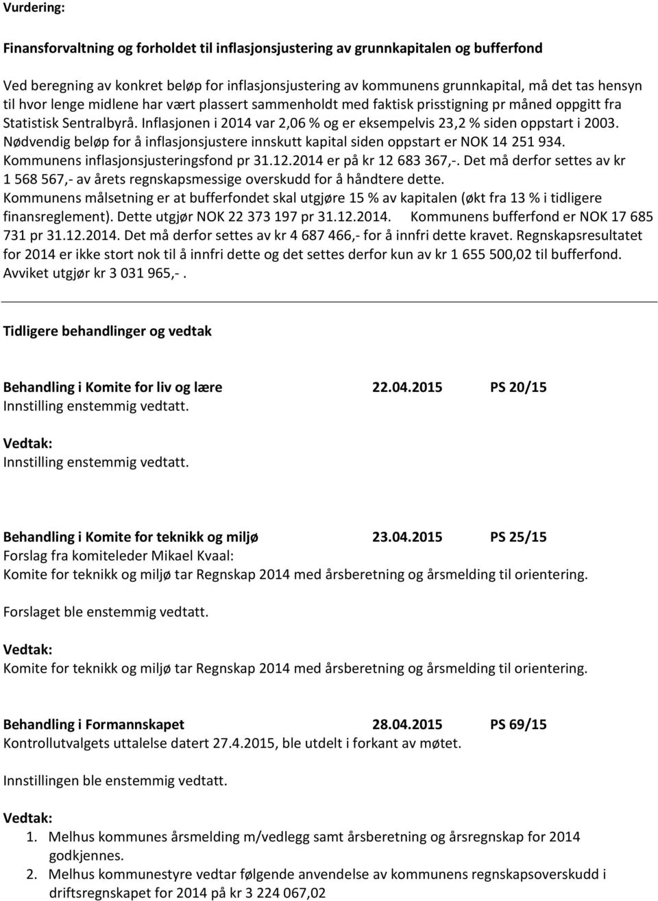 Nødvendig beløp for å inflasjonsjustere innskutt kapital siden oppstart er NOK 14 251 934. Kommunens inflasjonsjusteringsfond pr 31.12.2014 er på kr 12 683 367,-.