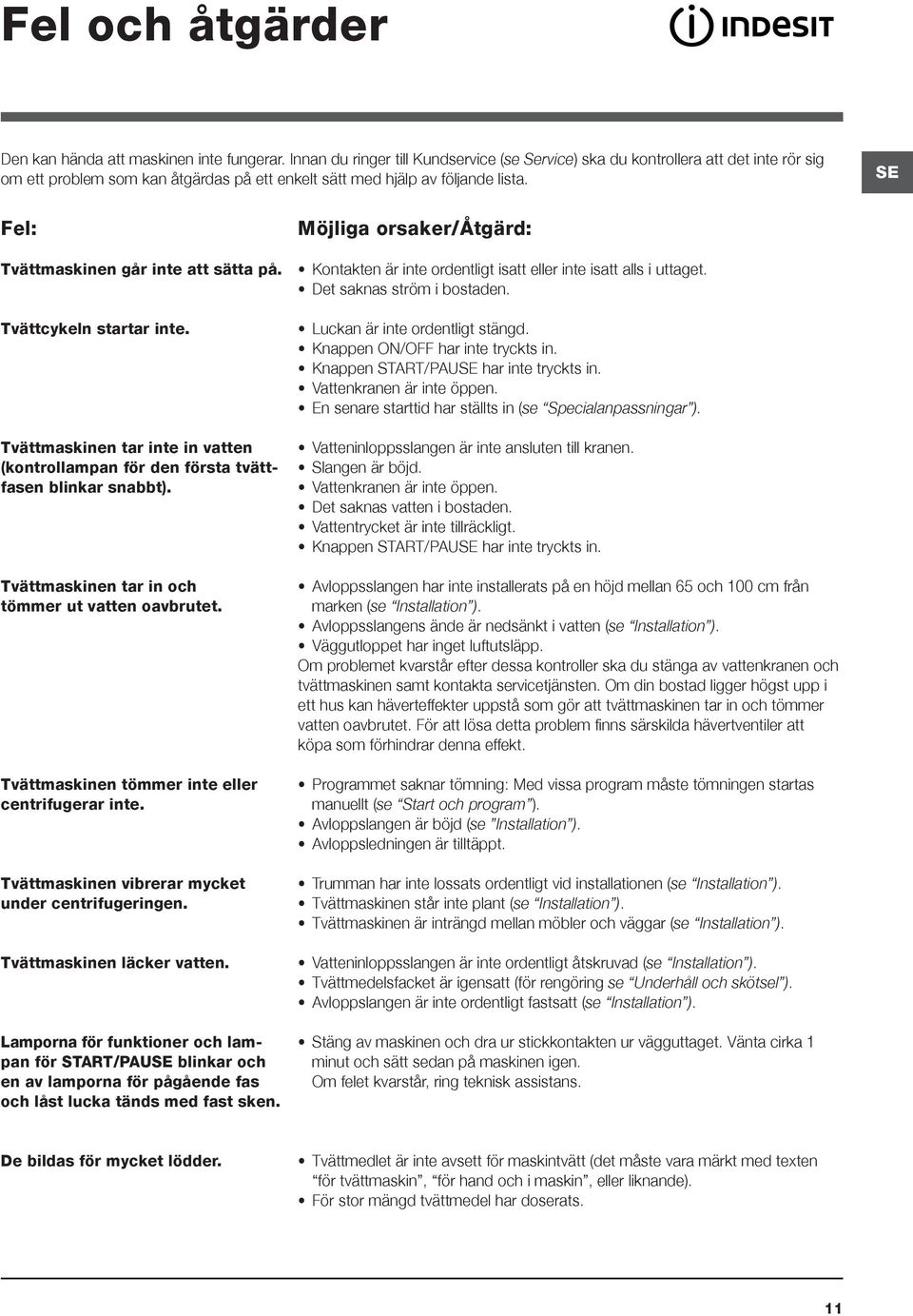 SE Fel: Tvättmaskinen går inte att sätta på. Tvättcykeln startar inte. Tvättmaskinen tar inte in vatten (kontrollampan för den första tvättfasen blinkar snabbt).