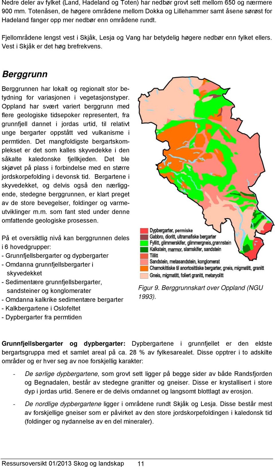 Fjellområdene lengst vest i Skjåk, Lesja og Vang har betydelig høgere nedbør enn fylket ellers. Vest i Skjåk er det høg brefrekvens.